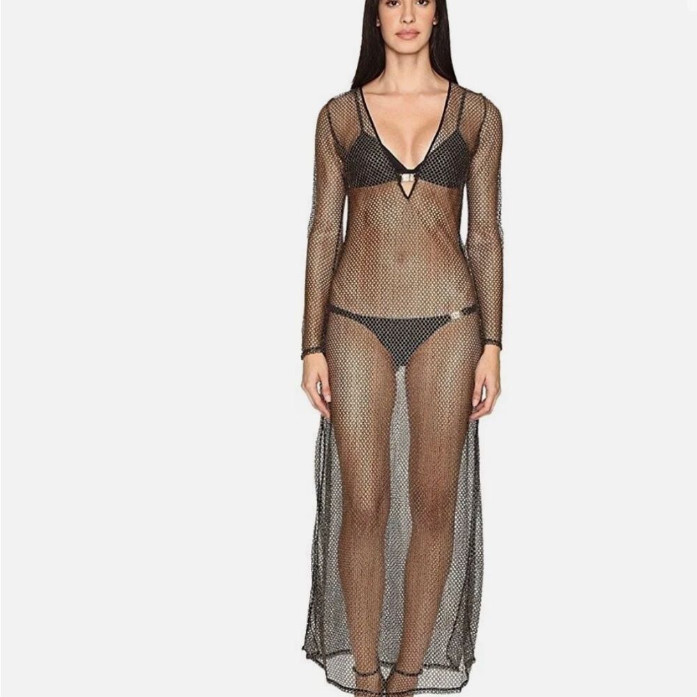 Agent Provocateur Black Sheer Fishnet Maxi Swim Coverup
